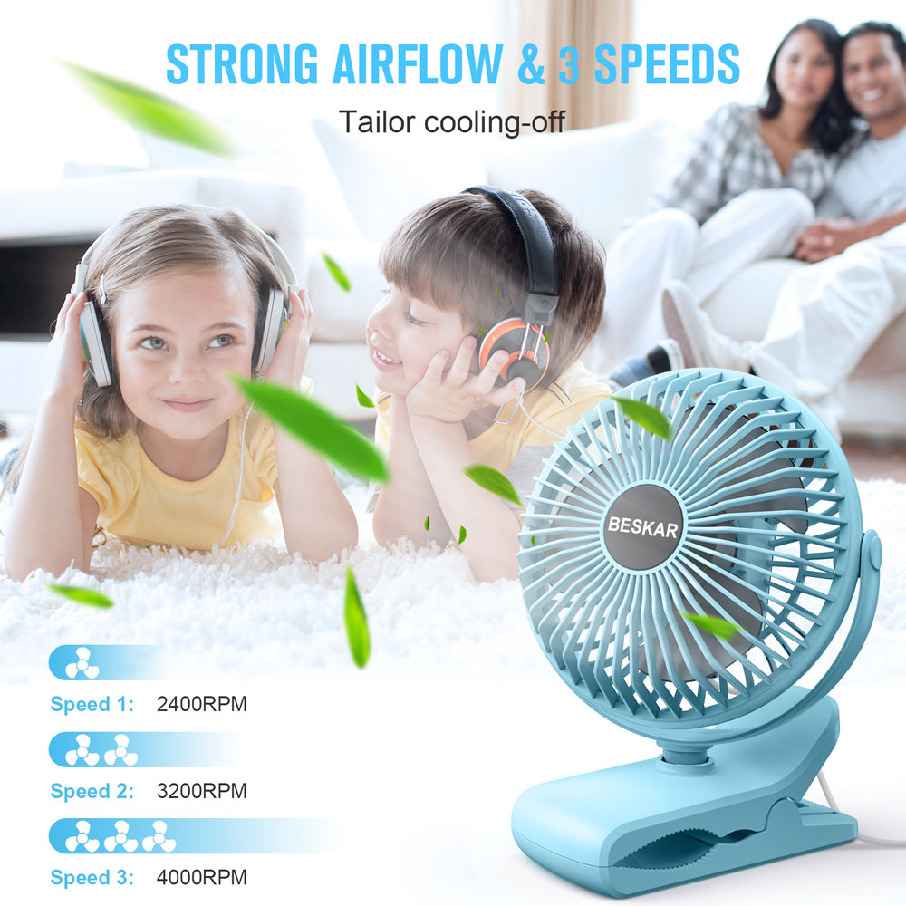 BESKAR USB Clip on Fan, Portable Small Fan with Cord Powered，3 Speeds Strong Airflow
