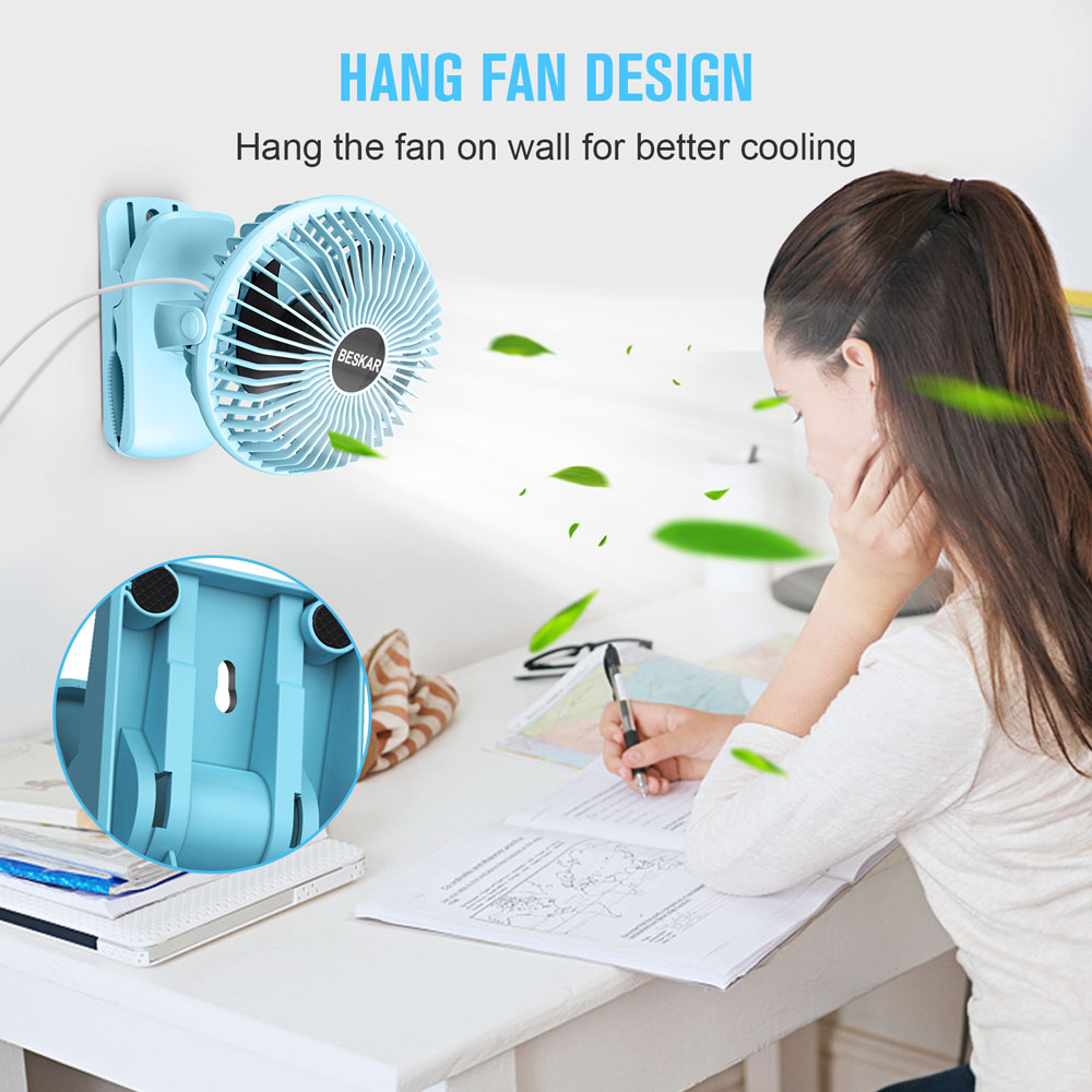 BESKAR USB Clip on Fan, Portable Small Fan with Cord Powered，3 Speeds Strong Airflow