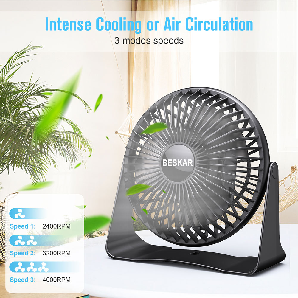 BESKAR USB Small Desk Fan, Portable Fans with 3 Speeds Strong Airflow