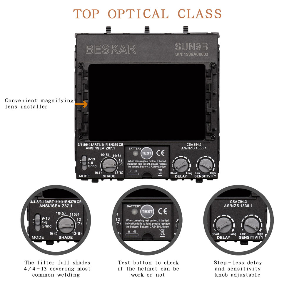 BESKAR Auto Darkening Welding Helmet , 1111 Solar Powered Welding Hood with Large View Area 3.94“x2.56”, Professional Grinding Welder Mask with 4 Arc Sensor 8 BESKAR Auto Darkening Welding Helmet , 1/1/1/1 Solar Powered Welding Hood